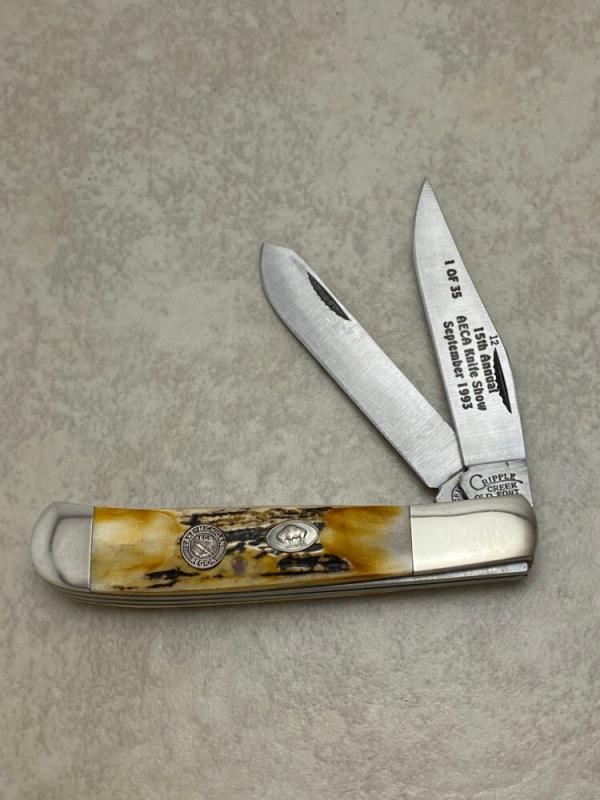 Cripple Creek USA Old Fort TN 1993 15th Annual AECA Knife Show 1 of 35 Stag 2 Blade Folding Knife 