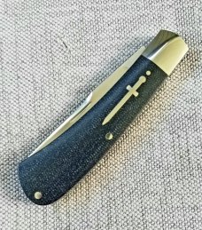 Kabisch Drop Point Trapper. Dark blue Denim Micarta and 01 tool steel...3.75" closed. Stunning piece