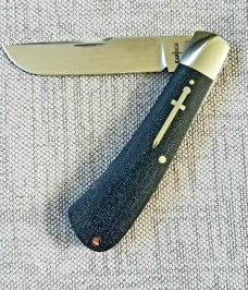 Kabisch Drop Point Trapper. Dark blue Denim Micarta and 01 tool steel...3.75" closed. Stunning piece