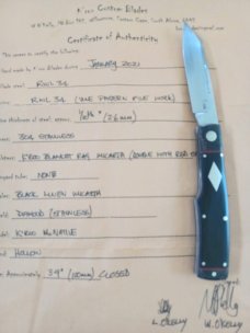 K'roo McNative Knife 4".Linen Micarta & blanket Micarta bolsters..red accents..rwl34. Filework.coa/ 