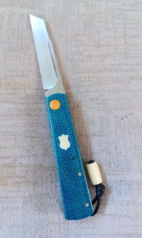 Vincenzo Balistreri White Wolf Slipjoint..4"..440C..Blue Burlap Micarta Shadow..White shield and lin