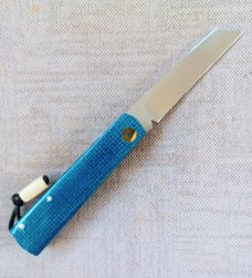 Vincenzo Balistreri White Wolf Slipjoint..4"..440C..Blue Burlap Micarta Shadow..White shield and lin