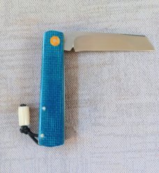 Vincenzo Balistreri White Wolf Slipjoint..4"..440C..Blue Burlap Micarta Shadow..White shield and lin