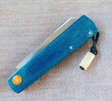 Vincenzo Balistreri White Wolf Slipjoint..4"..440C..Blue Burlap Micarta Shadow..White shield and lin