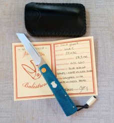 Vincenzo Balistreri White Wolf Slipjoint..4"..440C..Blue Burlap Micarta Shadow..White shield and lin
