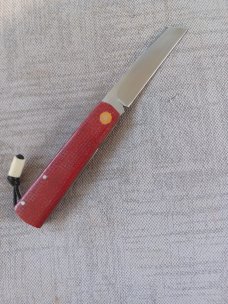 Vincenzo Balistreri White Wolf Slipjoint..4"..440C..Red Burlap Micarta Shadow..White shield.liners 