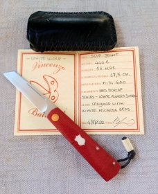 Vincenzo Balistreri White Wolf Slipjoint..4"..440C..Red Burlap Micarta Shadow..White shield.liners 