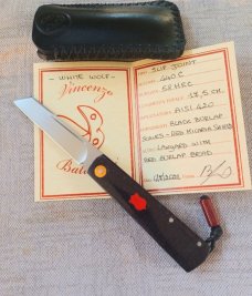 Vincenzo Balistreri White Wolf Slipjoint..4"..440C..Black urlap Micarta Shadow..Red shield.liners 