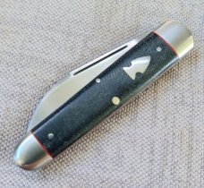K'roo Wharnie Sleeveboard,3.75"cld..Rwl34 long pull..Denim micarta and red accents..Arrowhead Shield