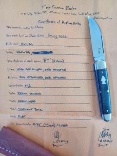K'roo Wharnie Sleeveboard,3.75"cld..Rwl34 long pull..Denim micarta and red accents..Arrowhead Shield