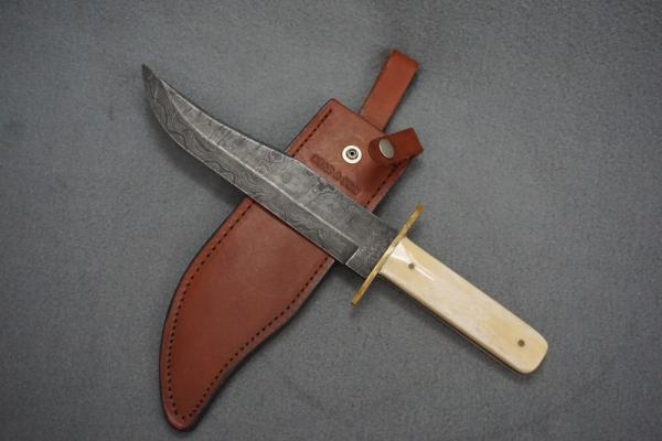 + SCARCE VTG BEAR MGC USA DAMASCUS BONE HANDLE BOWIE KNIFE W/LEATHER SHEATH! +