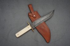 + SCARCE VTG BEAR MGC USA DAMASCUS BONE HANDLE BOWIE KNIFE W/LEATHER SHEATH! +