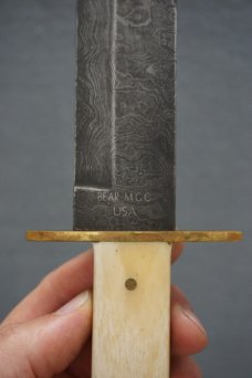 + SCARCE VTG BEAR MGC USA DAMASCUS BONE HANDLE BOWIE KNIFE W/LEATHER SHEATH! +