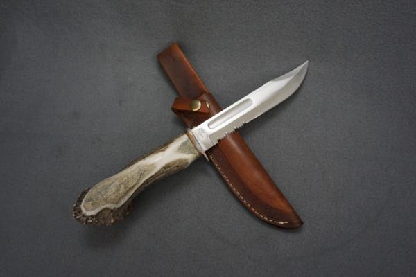 + VTG J JACOB'S CUSTOM LARGE ANTLER HANDLE HUNTING KNIFE & ORIG LEATHER SHEATH +