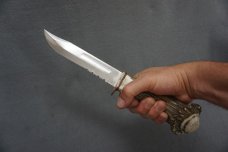+ VTG J JACOB'S CUSTOM LARGE ANTLER HANDLE HUNTING KNIFE & ORIG LEATHER SHEATH +