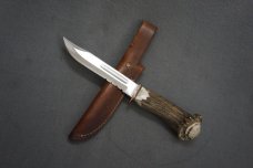 + VTG J JACOB'S CUSTOM LARGE ANTLER HANDLE HUNTING KNIFE & ORIG LEATHER SHEATH +