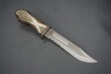 + VTG J JACOB'S CUSTOM LARGE ANTLER HANDLE HUNTING KNIFE & ORIG LEATHER SHEATH +