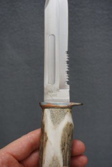 + VTG J JACOB'S CUSTOM LARGE ANTLER HANDLE HUNTING KNIFE & ORIG LEATHER SHEATH +