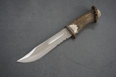 + VTG J JACOB'S CUSTOM LARGE ANTLER HANDLE HUNTING KNIFE & ORIG LEATHER SHEATH +