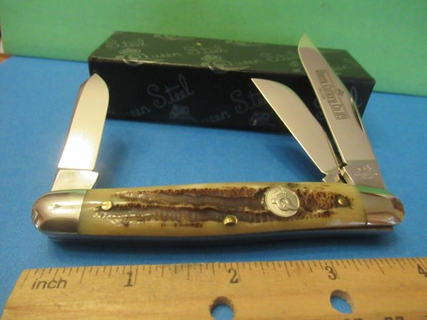 Queen Cutlery Titusville PA. Carved Stag Bone Stockman Pattern # 9