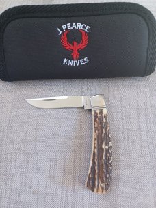 Jeff Pearce Custom Stag Honknose Trapper..4" closed..Cpm154..fluted bolsters..New from maker 