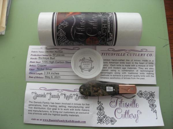 DANIELS FAMILY KNIFE BRANDS-TITUSVILLE CUTLERY BUCKEYE BURL OLD MAN NORMAN