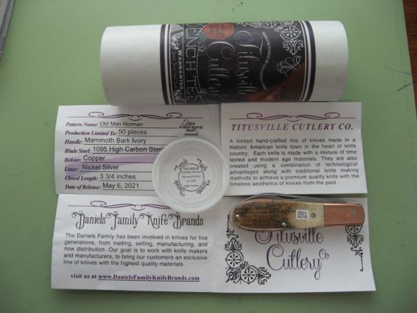 DANIELS FAMILY KNIFE BRANDS-TITUSVILLE CUTLERY MAMMOTH IVORY OLD MAN NORMAN