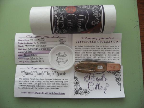 DANIELS FAMILY KNIFE BRANDS-TITUSVILLE CUTLERY MAMMOTH IVORY OLD MAN NORMAN