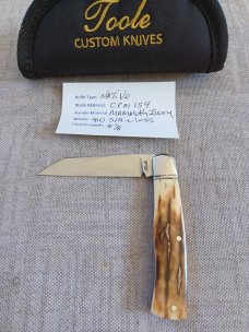 Bobby Toole Mammoth Native Slipjoint New, CPM-154 ,4 1/8" ,Steel Bolsters..coa and pouch 