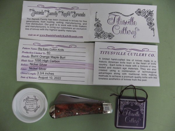 DANIELS FAMILY KNIFE BRANDS-TITUSVILLE CUTLERY-BIG EASY COTTON KNIFE-BURNT ORANGE MAPLE BURL