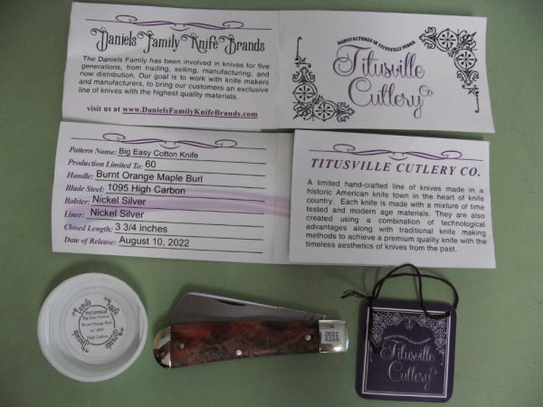 DANIELS FAMILY KNIFE BRANDS-TITUSVILLE CUTLERY-BIG EASY COTTON KNIFE-BURNT ORANGE MAPLE BURL