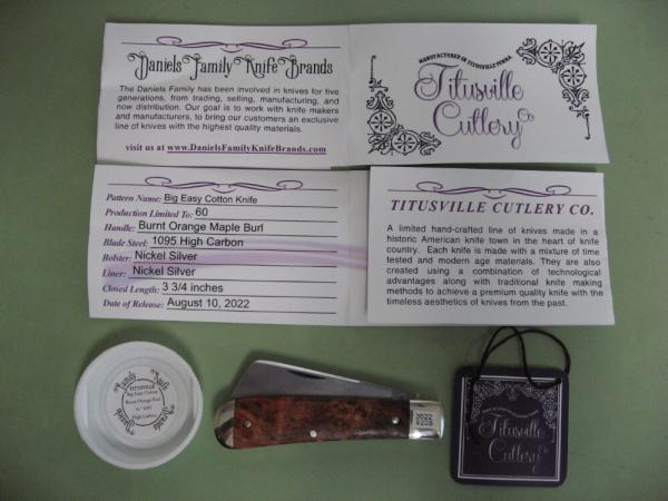 DANIELS FAMILY KNIFE BRANDS-TITUSVILLE CUTLERY-BIG EASY COTTON KNIFE-BURNT ORANGE MAPLE BURL