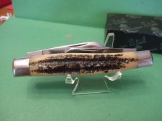 Queen Cutlery Titusville PA. Carved Stag Bone Large Stockman Pattern # 49