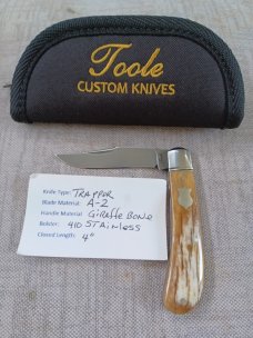 Bobby Toole Giraffe Bone Honknose Trapper Knife, 4" ..A2 acid washed blade..coa and  pouch 