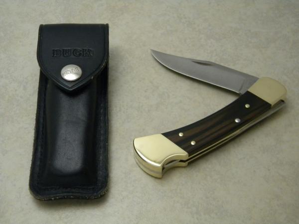 Buck 110 USA Hunter Wood Folding Lockback Knife & Pouch - 2 Dot Marking c.1974-1980