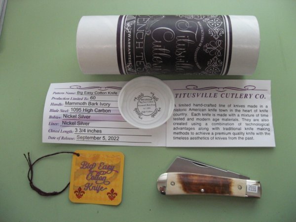 DANIELS FAMILY KNIFE BRANDS-TITUSVILLE CUTLERY-BIG EASY COTTON KNIFE-MAMMOTH BARK IVORY