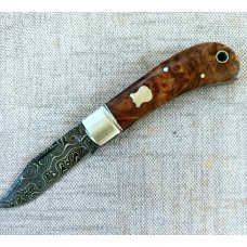 Ishikawa Tailored Knives Maple and Damascus Lannys Clip Slipjoint4quot clod3quot bladeCoa and pouch