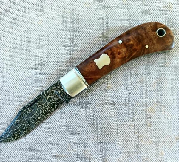 Ishikawa Tailored Knives Maple and Damascus Lannys Clip Slipjoint...4" clod..3" blade..Coa and pouch