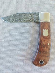 Ishikawa Tailored Knives Maple and Damascus Lannys Clip Slipjoint...4" clod..3" blade..Coa and pouch