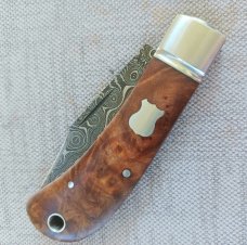 Ishikawa Tailored Knives Maple and Damascus Lannys Clip Slipjoint...4" clod..3" blade..Coa and pouch