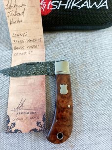 Ishikawa Tailored Knives Maple and Damascus Lannys Clip Slipjoint...4" clod..3" blade..Coa and pouch