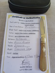 Robbie Ferreira Muslim Micarta Gunstock Spear...N690..4" clsd..fluted bolsters and double shields 