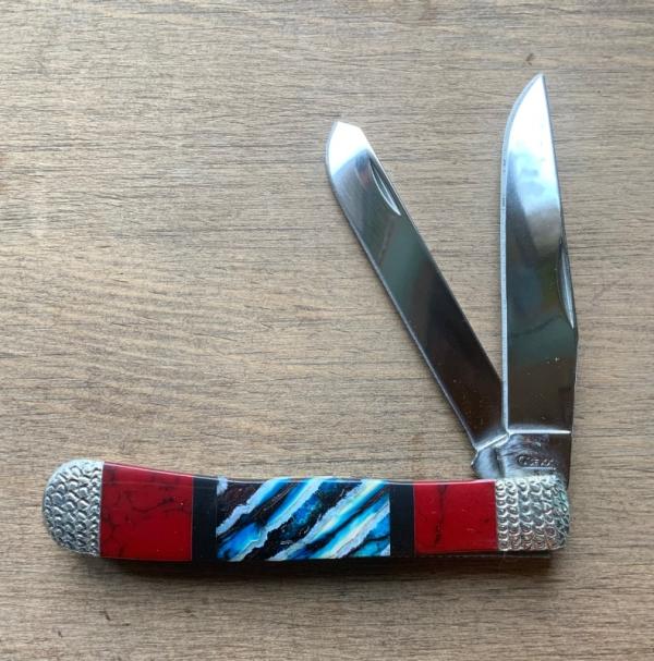 CASE Custom One of a Kind  Trapper Fossil/Blood Jasper Etched Bolsters