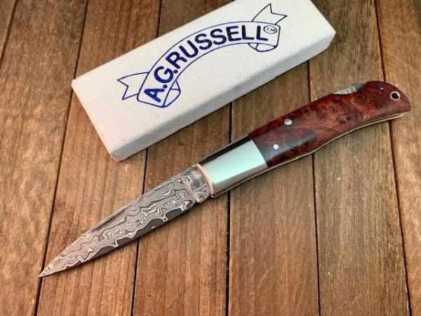 A.G. Russell Single Blade Lockback Quince Burl San Mai Damascus Blade Mid 1990’s Seki Japan Made A.G. Russell Single Blade Lockback Quince Burl San Mai Damascus Blade Mid 1990’s Seki Japan Made
