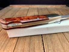 A.G. Russell Single Blade Lockback Quince Burl San Mai Damascus Blade Mid 1990’s Seki Japan Made 