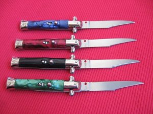 Vintage Italian Button Open Button Close Tourist Stiletto Knife - Full Color Set of Four Knives