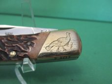 Parker Cut Co. Brown Bone Folding Lock Back 1 of 1 Turkey Etched Bolsters 