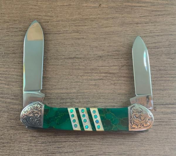 CASE Custom One of a Kind Canoe opal/Mop Etched Bolsters CASE Custom One of a Kind Canoe opal/Mop Etched Bolsters
