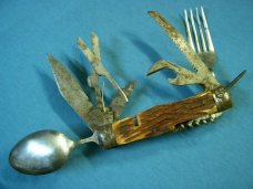 VINTAGE JAPAN 11 BLADE BONE HANDLE CAMP CAMPING SURVIVAL HOBO FORK FOLDING POCKET KNIFE KNIVES OLD