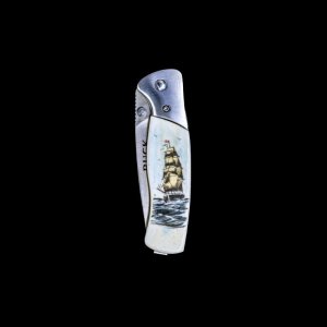 Colored Etched Ship Buck 835 Folding Selkirk Pocket Knife. Etched, Bovine Bone